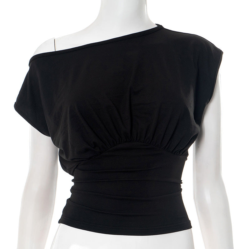 Women's Summer New Pure Color One-Shoulder Oblique Collar Waist Gathering Pleated T-Shirt Top