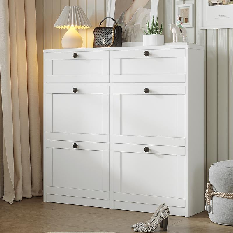 VOWNER Shoe Cabinet with 4 Flip Drawers & 2 Drawers, Freestanding Shoe Storage Cabinet with Adjustable Shelves, Hallway, Living Room, White Modern Aesthetic Design Minimal Interior Organization Furniture