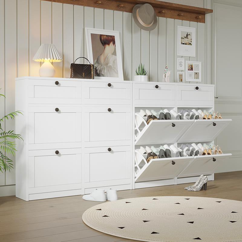 VOWNER Shoe Cabinet with 4 Flip Drawers & 2 Drawers, Freestanding Shoe Storage Cabinet with Adjustable Shelves, Hallway, Living Room, White Modern Aesthetic Design Minimal Interior Organization Furniture