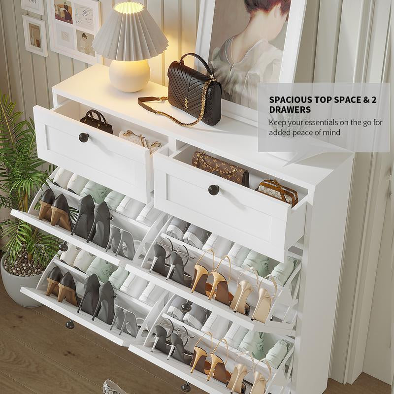 VOWNER Shoe Cabinet with 4 Flip Drawers & 2 Drawers, Freestanding Shoe Storage Cabinet with Adjustable Shelves, Hallway, Living Room, White Modern Aesthetic Design Minimal Interior Organization Furniture