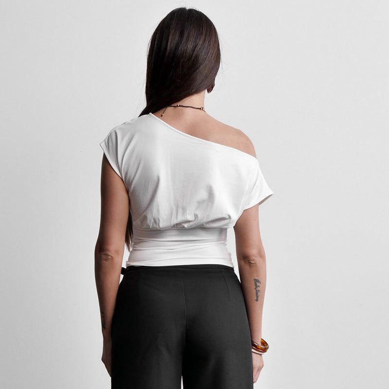 Women's Summer New Pure Color One-Shoulder Oblique Collar Waist Gathering Pleated T-Shirt Top