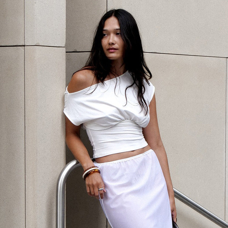 Women's Summer New Pure Color One-Shoulder Oblique Collar Waist Gathering Pleated T-Shirt Top