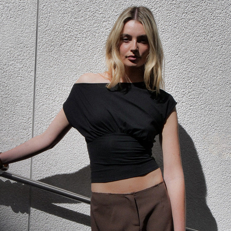 Women's Summer New Pure Color One-Shoulder Oblique Collar Waist Gathering Pleated T-Shirt Top