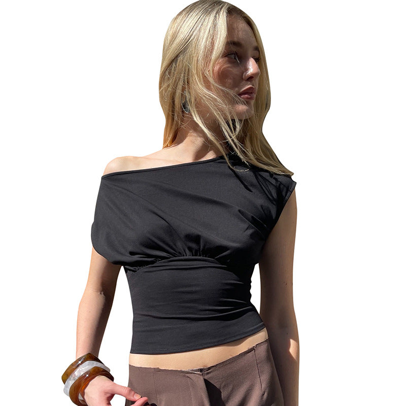 Women's Summer New Pure Color One-Shoulder Oblique Collar Waist Gathering Pleated T-Shirt Top