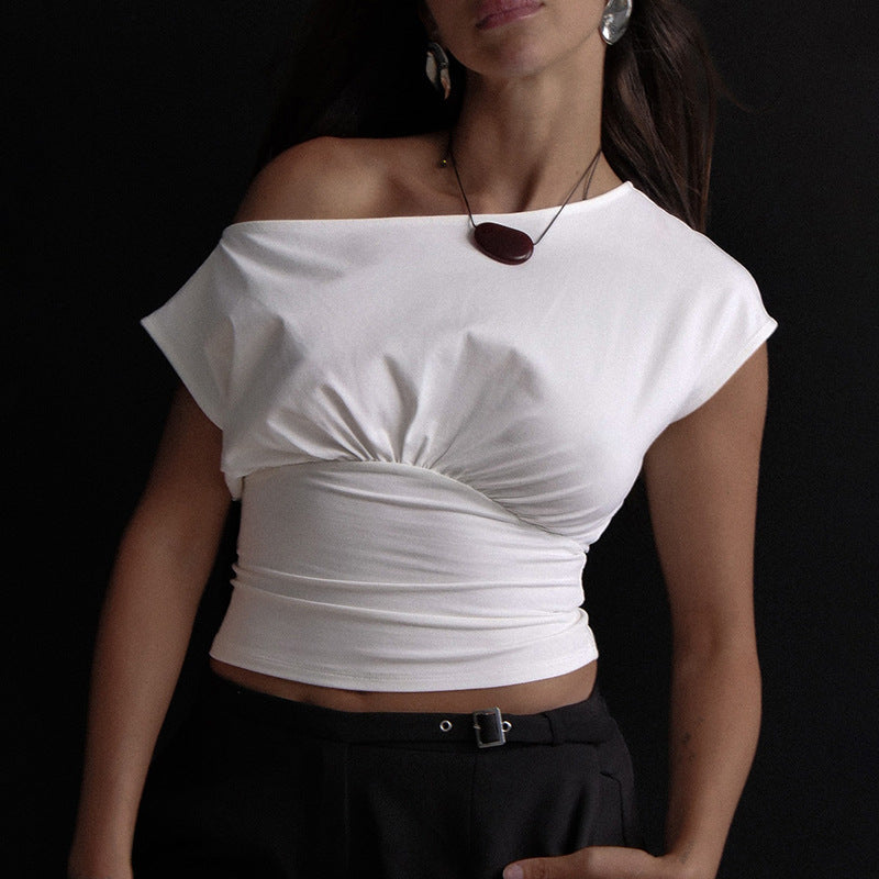 Women's Summer New Pure Color One-Shoulder Oblique Collar Waist Gathering Pleated T-Shirt Top