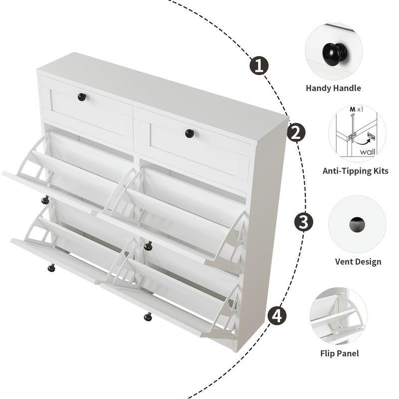 VOWNER Shoe Cabinet with 4 Flip Drawers & 2 Drawers, Freestanding Shoe Storage Cabinet with Adjustable Shelves, Hallway, Living Room, White Modern Aesthetic Design Minimal Interior Organization Furniture