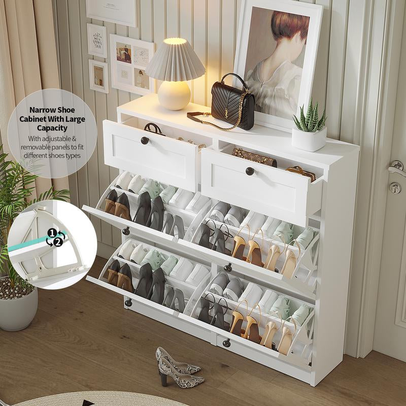 VOWNER Shoe Cabinet with 4 Flip Drawers & 2 Drawers, Freestanding Shoe Storage Cabinet with Adjustable Shelves, Hallway, Living Room, White Modern Aesthetic Design Minimal Interior Organization Furniture