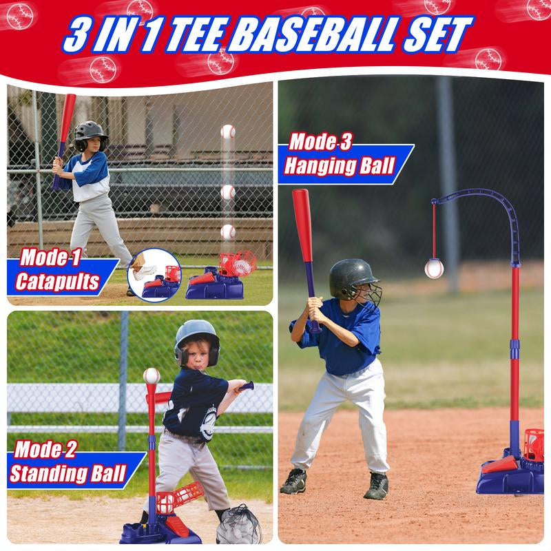 Deao 3-In-1 T Ball Sets, Baseball Training Equipment with Tee Ball Stand, Hanging Tee, Ball Launcher,6Pcs Baseballs, Adjustable Height Baseball Toys