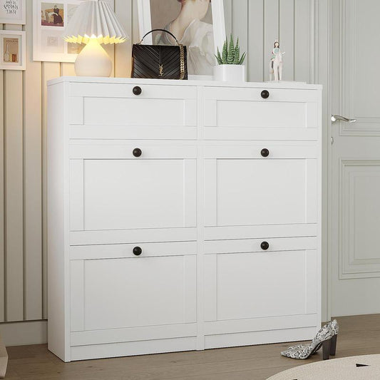 VOWNER Shoe Cabinet with 4 Flip Drawers & 2 Drawers, Freestanding Shoe Storage Cabinet with Adjustable Shelves, Hallway, Living Room, White Modern Aesthetic Design Minimal Interior Organization Furniture