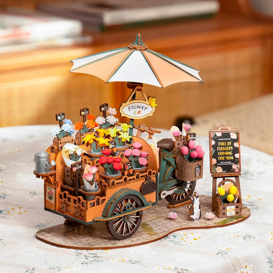 🌸 ROBOTIME Blossom Cart 3D Wooden Puzzle Kit – Romantic DIY Craft for Adults