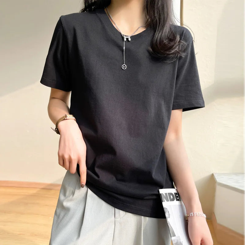 Women T-Shirts 2025 Tops Solid Short Sleeve Loose O-Neck Cotton Casual Ladies Shirts Harajuku Korean Summer Woman Tshirts