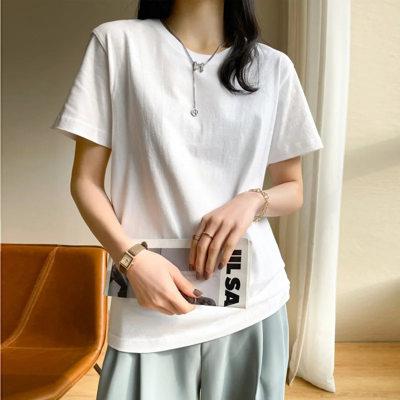 Women T-Shirts 2025 Tops Solid Short Sleeve Loose O-Neck Cotton Casual Ladies Shirts Harajuku Korean Summer Woman Tshirts