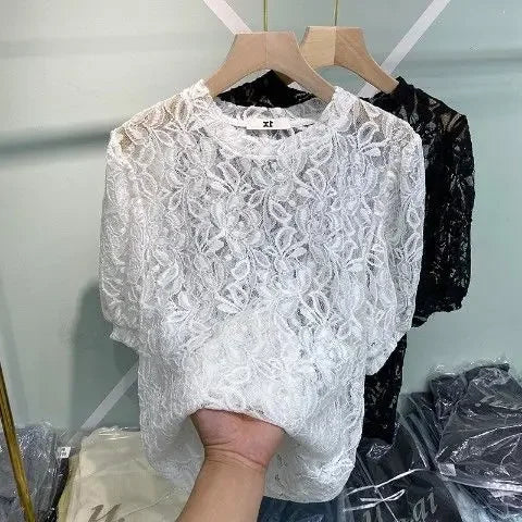 Y2k Tops Tshirts Women Short Sleeve O-neck White Tees 2025 Ropa Mujer Fashion Hollow Out Lace T Shirt See Through Summer T-shirt