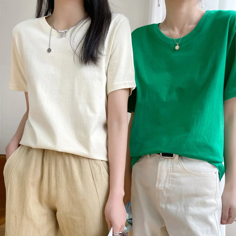 Women T-Shirts 2025 Tops Solid Short Sleeve Loose O-Neck Cotton Casual Ladies Shirts Harajuku Korean Summer Woman Tshirts