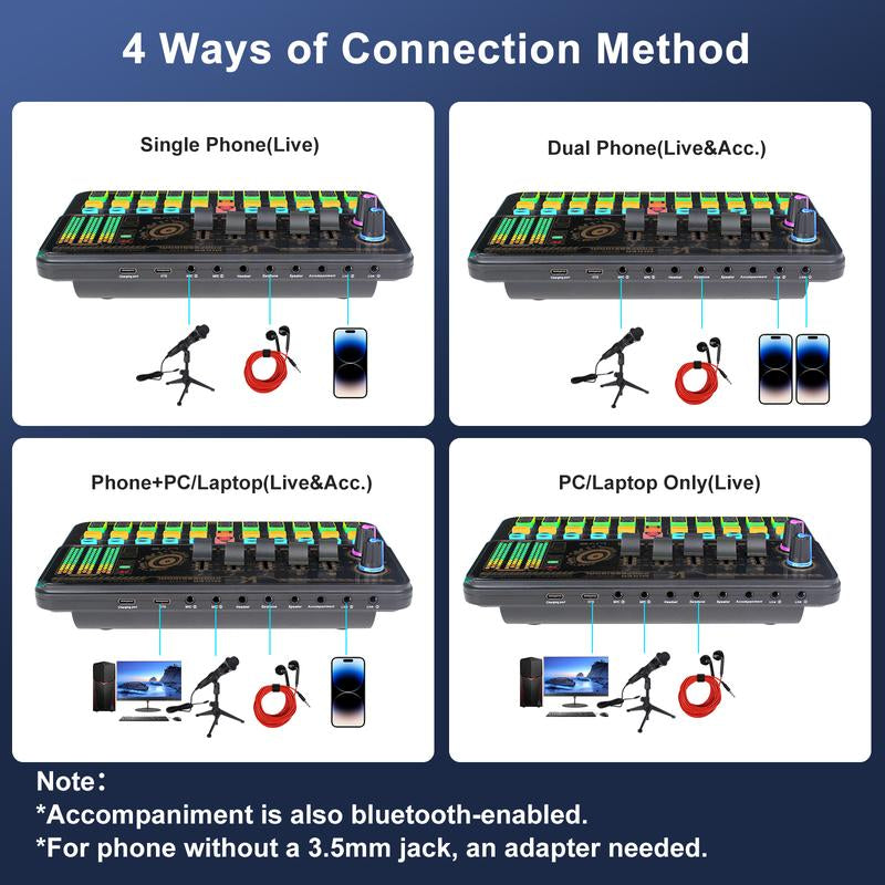 Hosabely Sound Mixer, Live Sound Card with Volume Fader, Voice Changer, Sound Effects, LED Lights, for Karaoke, Streaming, Recording, Gaming Audio Interface Mini Microphone Household Items Phone Accessories Household Items Mini Microphone Smartphone