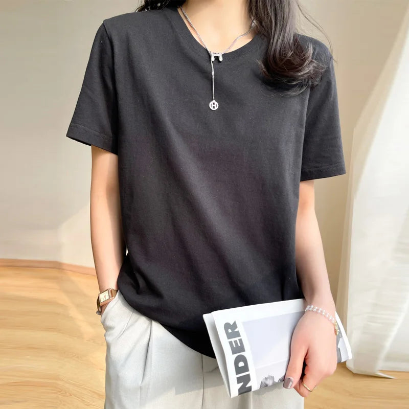 Women T-Shirts 2025 Tops Solid Short Sleeve Loose O-Neck Cotton Casual Ladies Shirts Harajuku Korean Summer Woman Tshirts