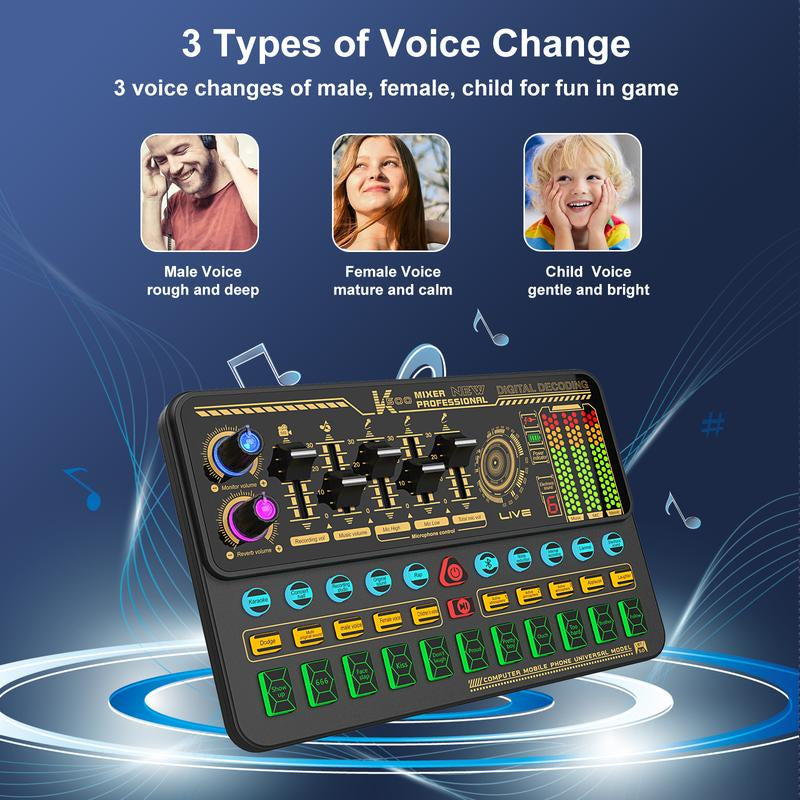 Hosabely Sound Mixer, Live Sound Card with Volume Fader, Voice Changer, Sound Effects, LED Lights, for Karaoke, Streaming, Recording, Gaming Audio Interface Mini Microphone Household Items Phone Accessories Household Items Mini Microphone Smartphone
