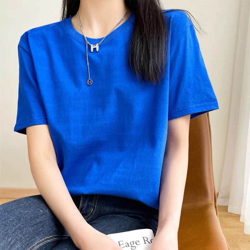 Women T-Shirts 2025 Tops Solid Short Sleeve Loose O-Neck Cotton Casual Ladies Shirts Harajuku Korean Summer Woman Tshirts