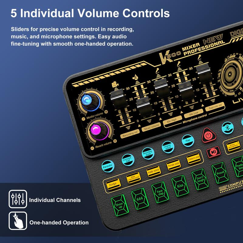 Hosabely Sound Mixer, Live Sound Card with Volume Fader, Voice Changer, Sound Effects, LED Lights, for Karaoke, Streaming, Recording, Gaming Audio Interface Mini Microphone Household Items Phone Accessories Household Items Mini Microphone Smartphone