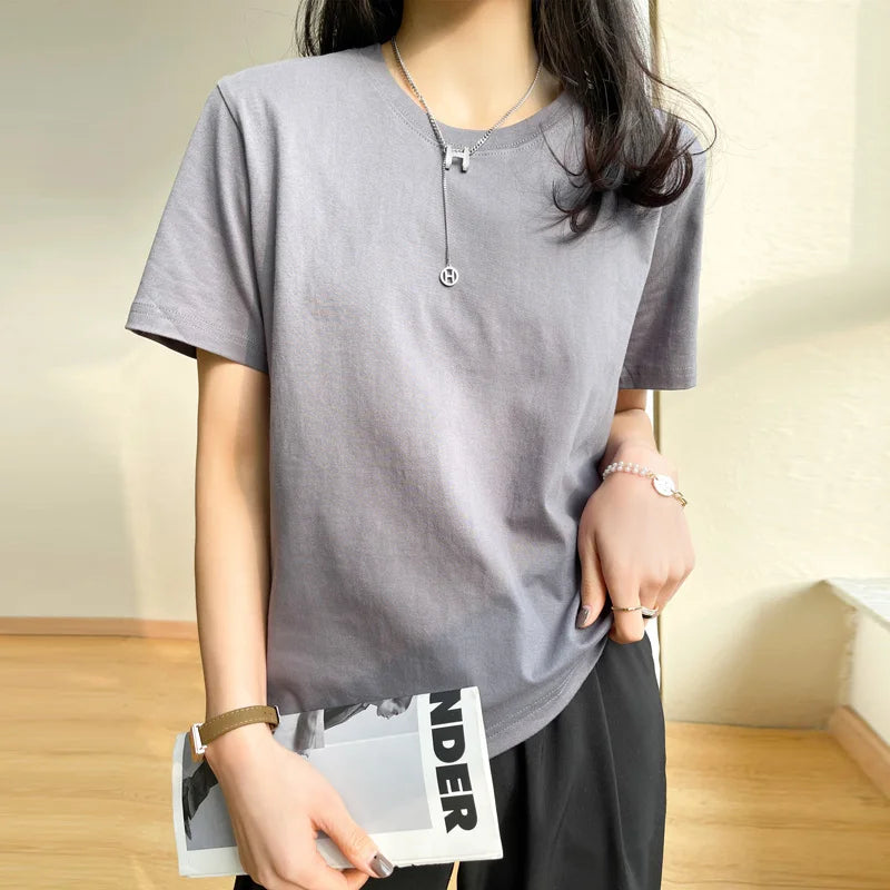 Women T-Shirts 2025 Tops Solid Short Sleeve Loose O-Neck Cotton Casual Ladies Shirts Harajuku Korean Summer Woman Tshirts