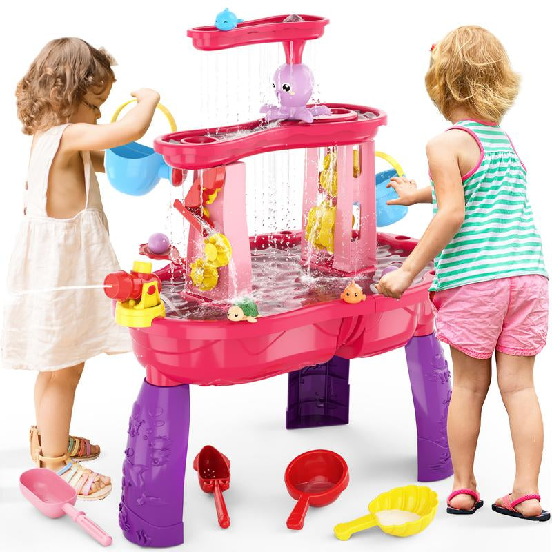 Water Table for Toddlers 3-5, 3-Tier Kids Splash Sand Table Water Toys, Rain Showers Splash Pond for Outdoor Beach Backyard Summer, Activity Sensory Play Table for Girls, Pink