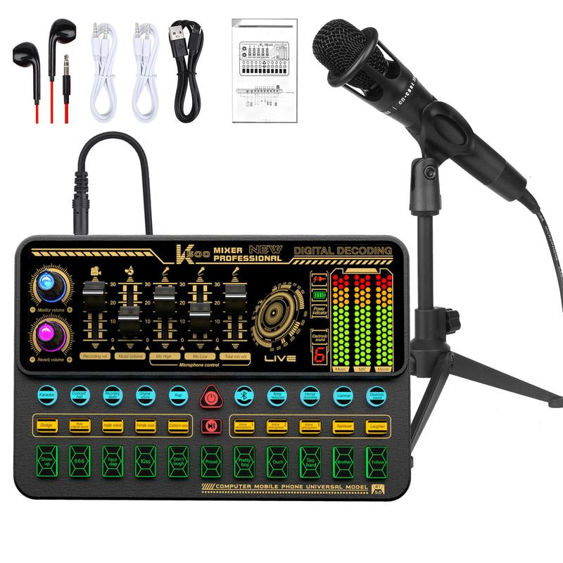 Hosabely Sound Mixer, Live Sound Card with Volume Fader, Voice Changer, Sound Effects, LED Lights, for Karaoke, Streaming, Recording, Gaming Audio Interface Mini Microphone Household Items Phone Accessories Household Items Mini Microphone Smartphone