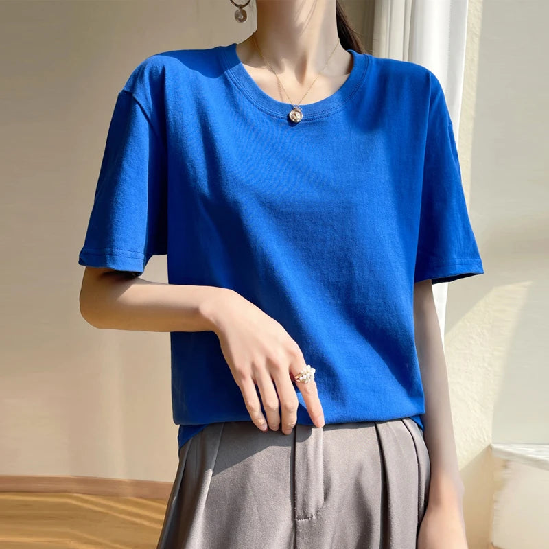 Women T-Shirts 2025 Tops Solid Short Sleeve Loose O-Neck Cotton Casual Ladies Shirts Harajuku Korean Summer Woman Tshirts