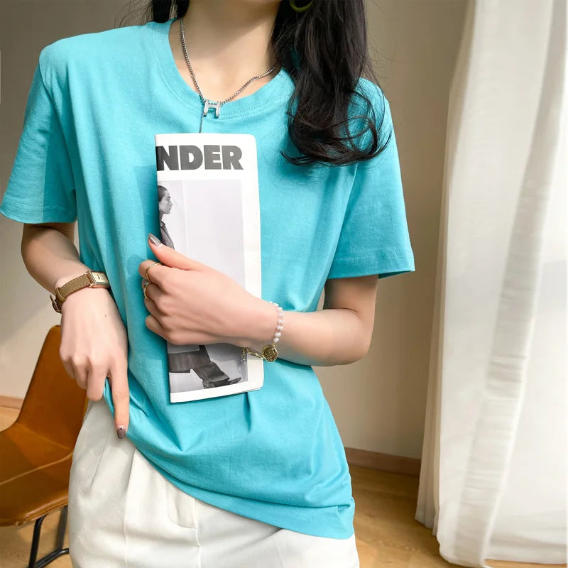 Women T-Shirts 2025 Tops Solid Short Sleeve Loose O-Neck Cotton Casual Ladies Shirts Harajuku Korean Summer Woman Tshirts