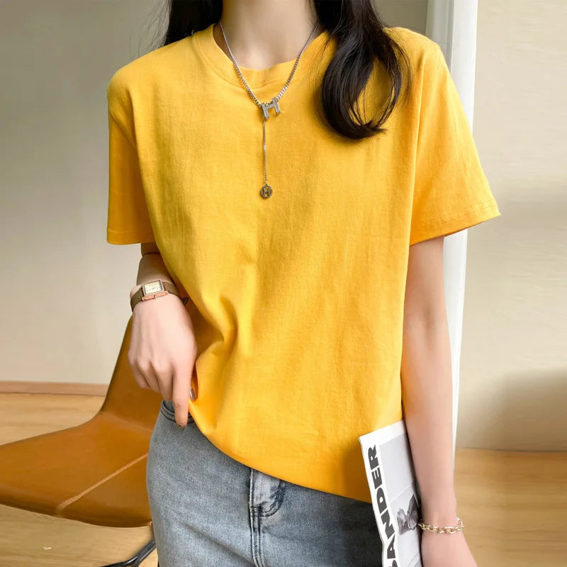 Women T-Shirts 2025 Tops Solid Short Sleeve Loose O-Neck Cotton Casual Ladies Shirts Harajuku Korean Summer Woman Tshirts