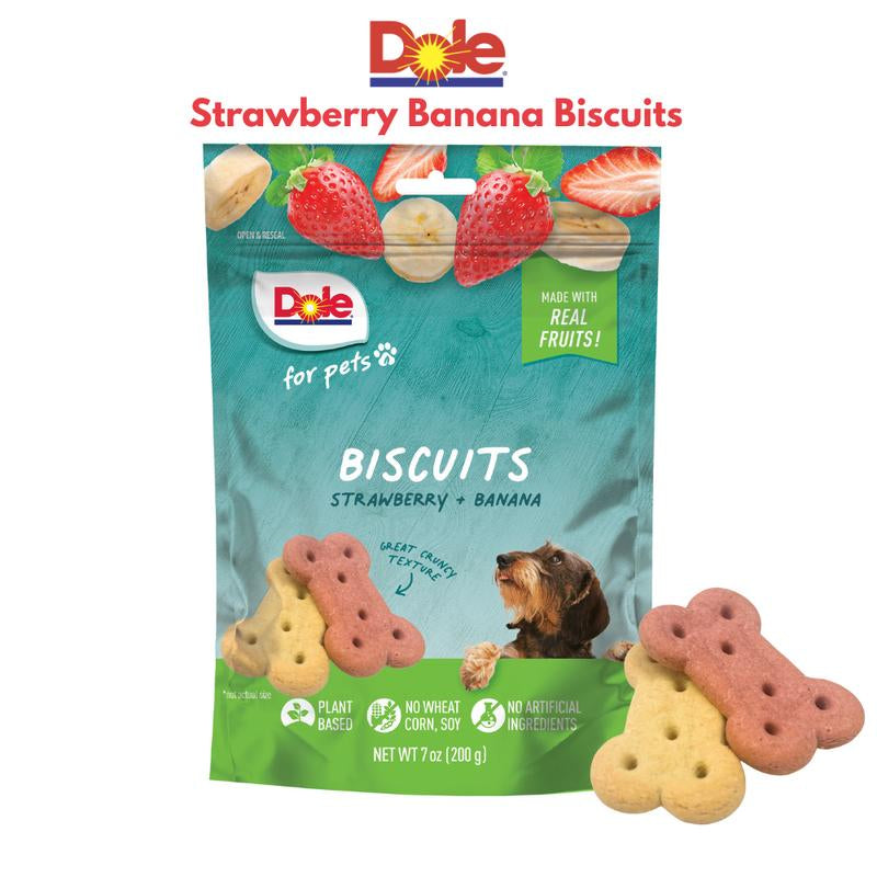 Dole Banana + Strawberry Fruit & Veggie Chews: Treats for Your Dog with Real Fruit Pet Supplies 7Oz Crunchy Bone-Shaped Biscuits, Vegan & Allergen-Free