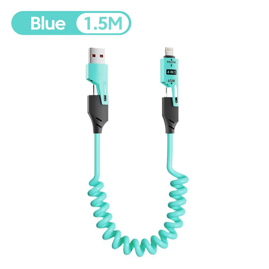65W 6A Spring Coiled USB-C Cable 4-In-1 Fast Charging for Iphone 16 15 14 13 12 Pro Max Samsung Multi-Device Durable Cord