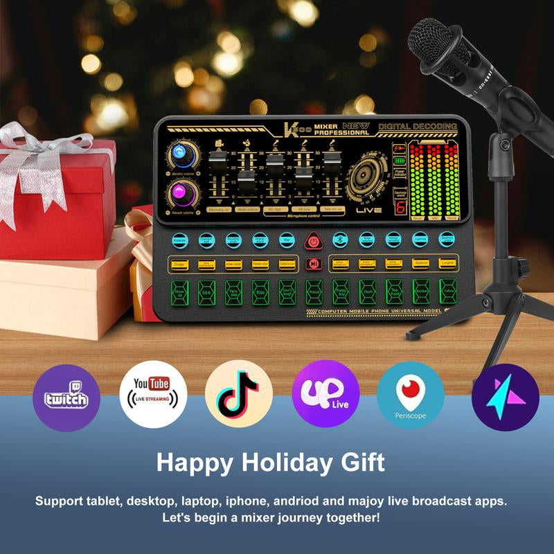 Hosabely Sound Mixer, Live Sound Card with Volume Fader, Voice Changer, Sound Effects, LED Lights, for Karaoke, Streaming, Recording, Gaming Audio Interface Mini Microphone Household Items Phone Accessories Household Items Mini Microphone Smartphone